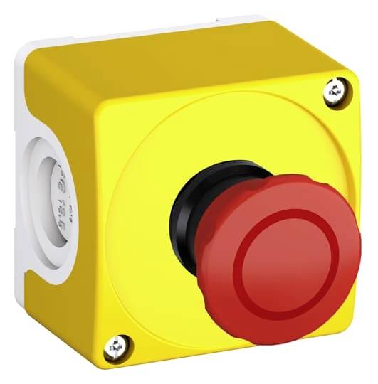 Gelber Not-Aus-Schalter mit rotem Knopf, montiert auf einem weißen Kunststoffgehäuse.