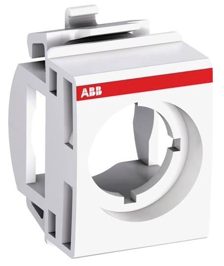 Ein weißer elektrischer Adapter mit rundem Anschluss und rotem Streifen, Teil einer Montageschiene mit ABB-Logo.
