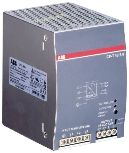 Ein graues Schaltnetzteil von ABB mit Modellbezeichnung 'CP-T 48/5.0', Frontansicht zeigt Anschlussklemmen und technische Daten.