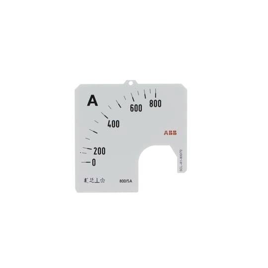Analoges Amperemeter-Display von 0 bis 800 Ampere mit Nonlinearität nach rechts. Marke ABB unten rechts in Rot.