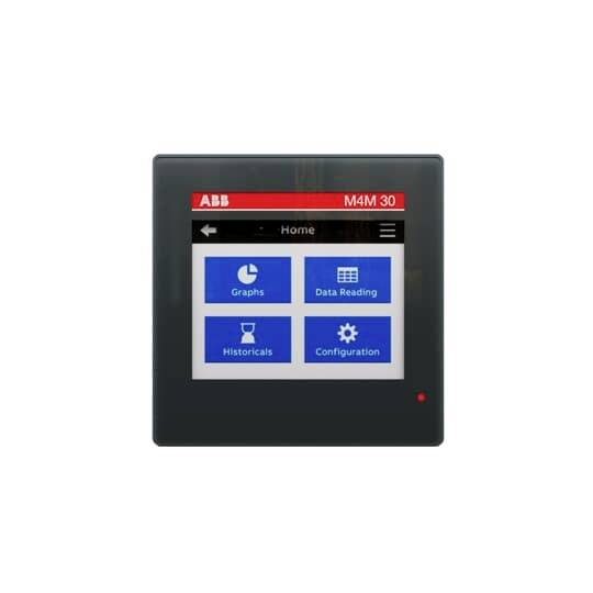 Ein digitales Bedienfeld eines ABB-Messgeräts mit Optionen: 'Grafiken', 'Datenlesung', 'Historie', 'Konfiguration'.