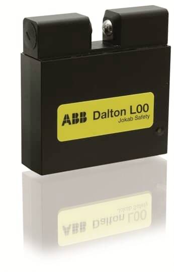 Elektronisches Sicherheitsgerät von ABB mit der Aufschrift 'Dalton L00 Jokab Safety', schwarz mit gelbem Etikett.