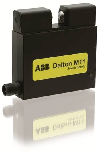 Ein schwarzer Sicherheitsschalter mit gelbem Etikett 'ABB Dalton M11 Jokab Safety'. Verfügt über einen Anschluss seitlich.