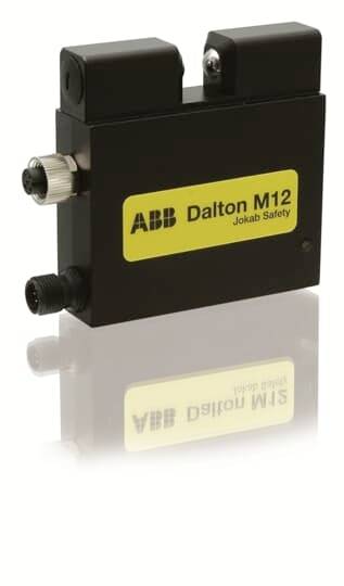 Schwarzer Dalton M12 Sicherheitskontakt von ABB mit gelbem Etikett, verwendet für industrielle Sicherheitsanwendungen.