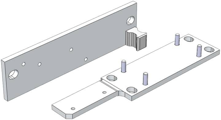 Zwei Metallplatten mit vorgestanzten Löchern und Bolzen, die eine Steckverbindung bilden. Eine Platte hat einen hervorstehenden Griff.
