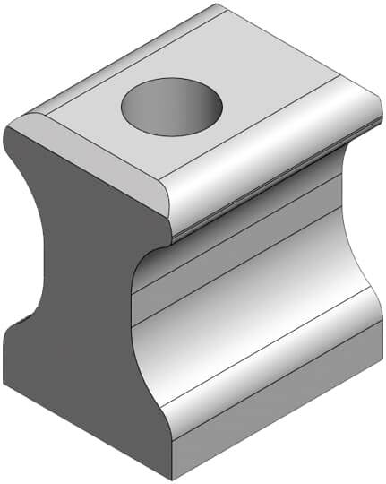 Ein graues, rechteckiges Block-Design mit einem runden Loch oben in der Mitte und geschwungenen Seiten.