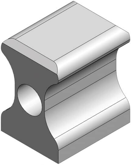 Graue, dreidimensionale technische Zeichnung eines blockförmigen metallischen Bauteils mit einem großen, seitlichen kreisförmigen Loch.