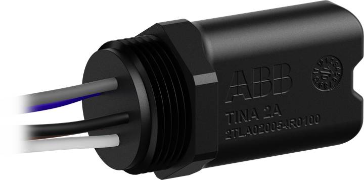 Elektrisches Bauteil von ABB, Modell 'TINA-2A', zylindrische Form, mehrere Drähte ragen aus einem Ende heraus.