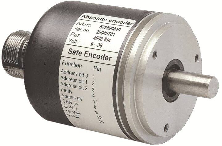 Ein zylindrischer Encoder mit Beschriftung 'Safe Encoder'. Zeigt Artikelnummer, Seriennummer und Spannungsbereich 9-36 Volt.