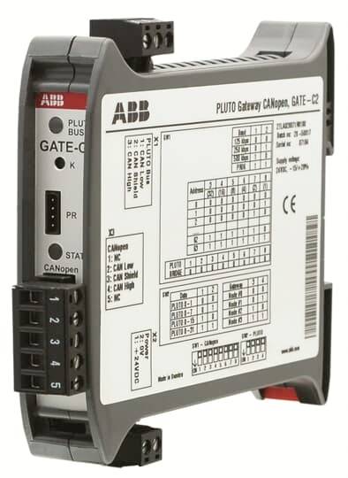 Elektronisches Gateway-Gerät ABB Pluto CANopen GATE-C2, mit Anschlüssen und Etikett mit technischen Spezifikationen.