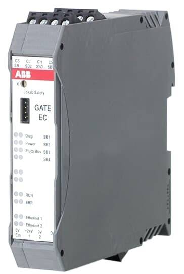 Ein graues ABB Sicherheitsmodul namens 'GATE EC' mit mehreren Anschlüssen und Anzeige-LEDs für verschiedene Betriebszustände.