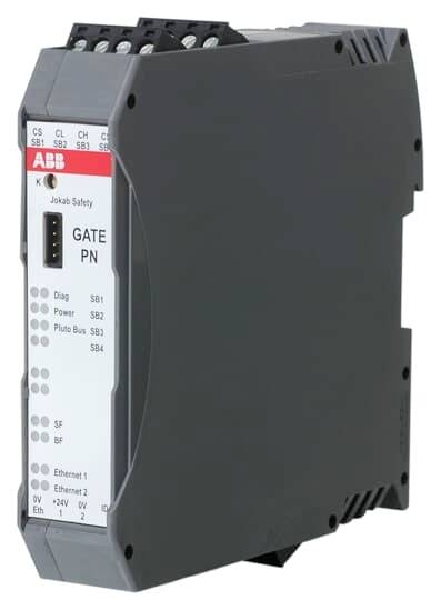 Ein schwarzes elektrisches Sicherheitsgerät von ABB mit der Bezeichnung 'GATE PN' auf der Vorderseite. Es besitzt Ethernet-Anschlüsse.