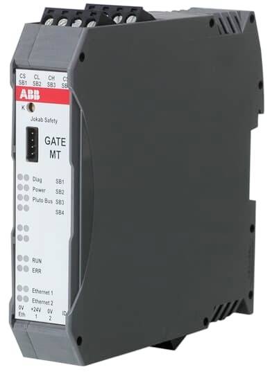 Ein graues ABB Gerät mit dem Namen 'Gate MT' für Sicherheitsanwendungen. Es zeigt Statusleuchten und Anschlüsse auf der Vorderseite.