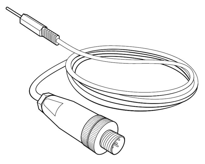 Ein Kabel mit einem runden Stecker auf einer Seite, das auf der anderen Seite zu einem flachen Stecker verläuft.