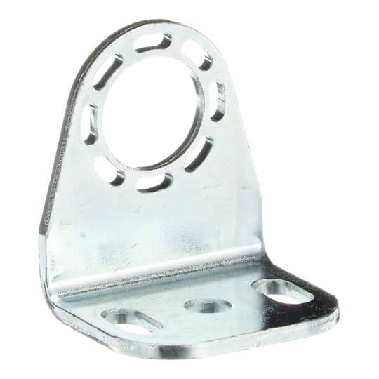 Metallwinkelhalterung mit mehreren Schraublöchern und einem zentralen großen Loch; geeignet zur Befestigung an Wänden oder anderen Flächen.