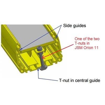 Gelbes Kunststoffprofil mit seitlichen Führungen und einer T-Nut in der zentralen Führung, beschrieben als Teil von JSM Orion 11.