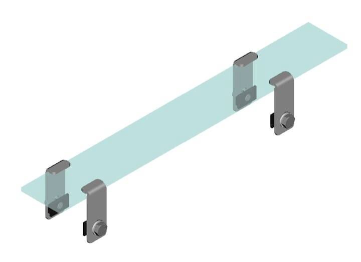 Metallklammern halten eine rechteckige Glasplatte fest. Geeignet zur Befestigung von Glas in einer vertikalen oder horizontalen Position.