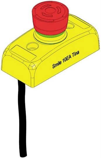 Gelber Notaus-Schalter mit rotem Knopf und Aufschrift 'Smile 10EA Tina'. Schwarzes Kabel ragt aus der Unterseite.