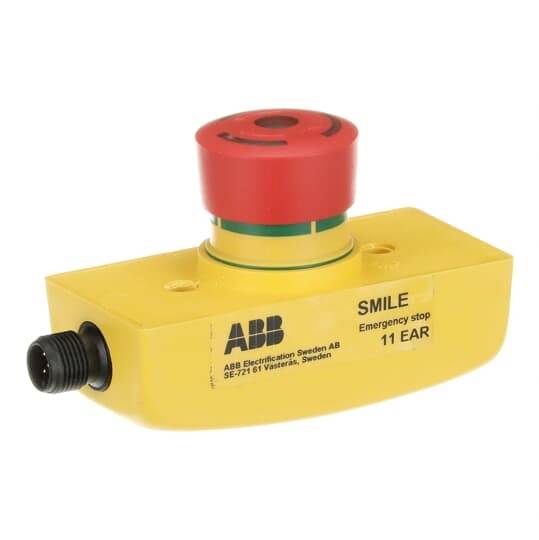 Gelber Not-Aus-Schalter mit rotem Knopf, markiert mit 'ABB Smile Emergency stop 11 EAR'.