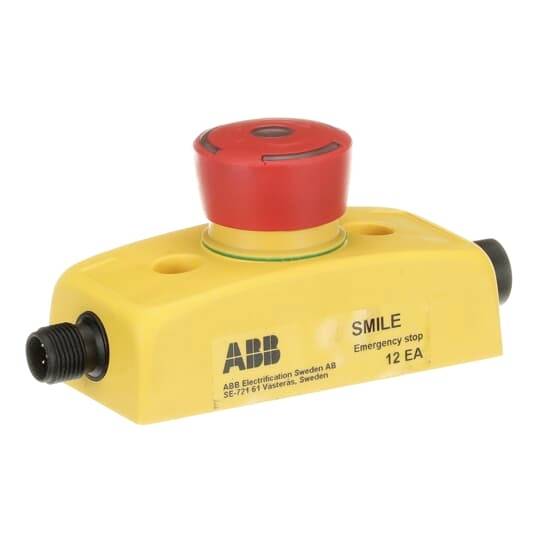 Gelbes Not-Aus-Bediengerät mit rotem Knopf von ABB, Modell 'SMILE', mit seitlichen Anschlüssen.