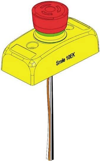 Gelbes Not-Aus-Schaltergehäuse mit rotem Knopf, Aufschrift 'Smile 10EK', montiert auf schwarzen und orangefarbenen Drähten.