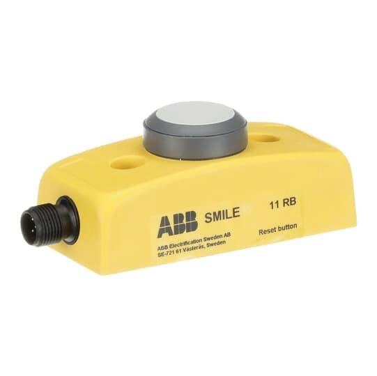 Gelbes Sicherheitsgerät der Marke ABB, Modell SMILE 11 RB, zeigt einen grauen Druckknopf und einen Anschlussstecker.