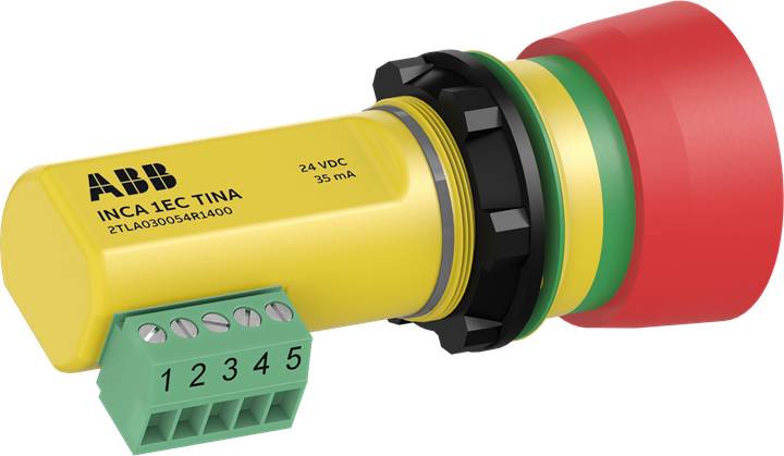 Not-Aus-Taster in Gelb-Rot mit grüner 5-poliger Anschlussklemme, ABB-Logo und Produktdetails seitlich sichtbar.