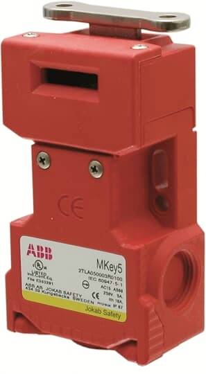 Ein rotes Sicherheitsverriegelungsschaltergerät mit der Aufschrift 'ABB MKey5'. Es hat eine CE-Kennzeichnung und ist für industrielle Anwendungen gedacht.