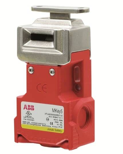 Sicherheitsschalter ABB MKey, rote Ausführung, Metallgehäuse, Einsatz zur Absicherung von Maschinen, ISO-Zertifizierung.