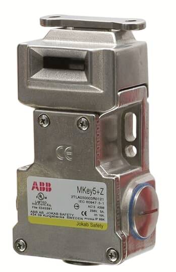 Ein Sicherheitsschalter von ABB, Modell MKey5+Z, mit CE-Kennzeichnung. Das Gerät dient der Maschinensicherheit.
