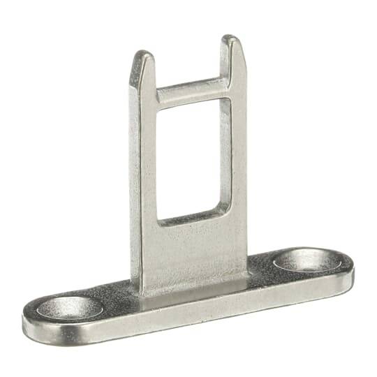 Metallbeschlag mit rechteckiger Öffnung und flacher Basis. Geeignet zur Befestigung an Oberflächen mit zwei Schraubenlöchern.