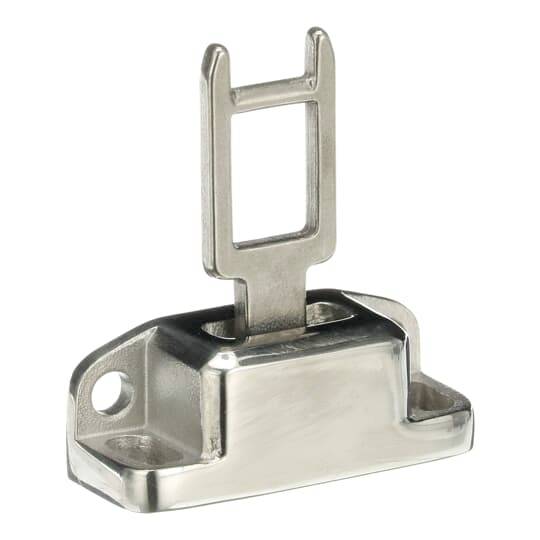 Metallteil mit rechteckigem Rahmen und Befestigungslöchern, möglicherweise Teil eines Verschlusssystems.