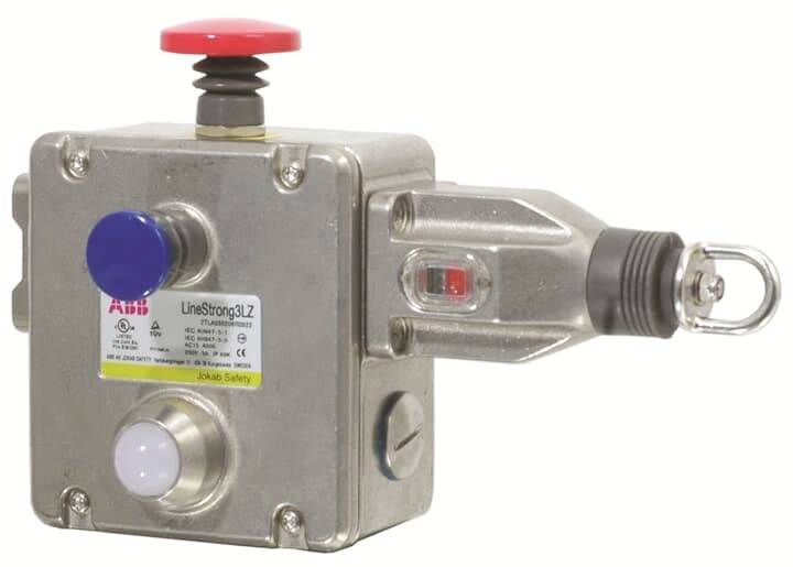 Metallner Notschalter mit rotem und blauem Knopf, Drehgriff und Aufschrift 'LineStrong3LZ'. Wichtige Komponenten zur Sicherheit.