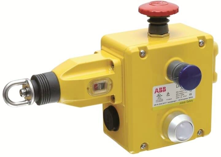 Ein gelbes Sicherheits-Reißleinenschaltergerät mit rotem und blauem Druckknopf, geeignet für industrielle Sicherheitsanwendungen.