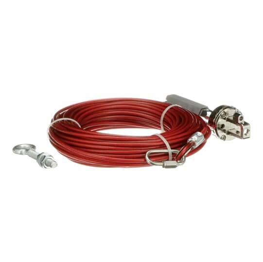Rotes Sicherungsseil mit Metallbefestigung und Hakenschraube, geeignet für die Verwendung in industriellen oder baulichen Anwendungen.