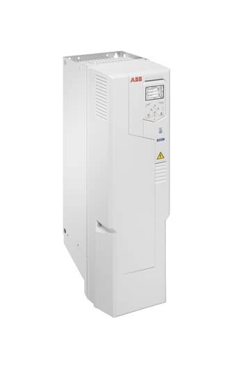 Ein weißer Schaltschrank mit einem kleinen Bildschirm und Knöpfen auf der Vorderseite, Logo 'ABB' oben links.