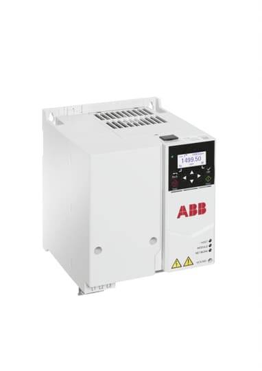 Ein weißer ABB-Frequenzumrichter mit digitaler Anzeige zeigt den Wert '1499,50'. Schaltflächen und Warnsymbole sind sichtbar.