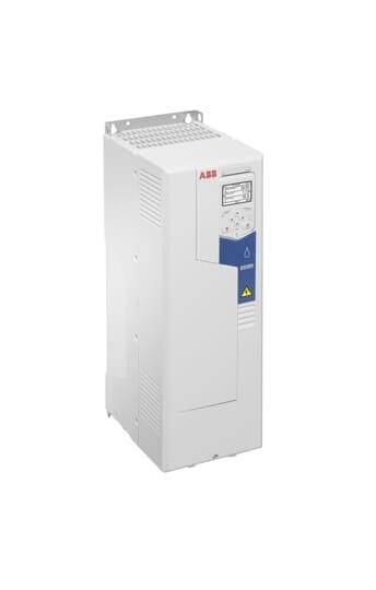 Ein weißer Industrieantrieb mit blauer Bedienoberfläche und dem Logo der Marke ABB auf der oberen Vorderseite.