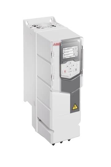 ABB Frequenzumrichter in Weiß mit geringerem Platzbedarf, geeignet für verschiedene Anwendungen, zeigt Steuerungs- und Warnsymbole auf der Oberfläche.