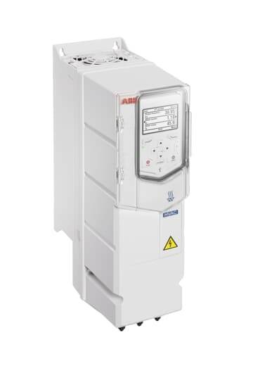 Ein weißer Frequenzumrichter mit Bedienelementen und einem digitalen Display, hergestellt von ABB, mit einem Warnsymbol für elektrische Spannung.