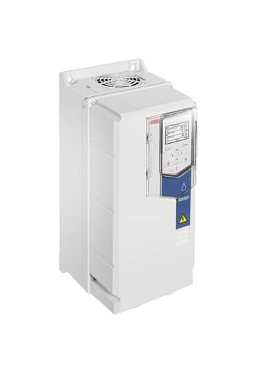 Ein graues elektronisches Gerät mit einem Display und einer Benutzeroberfläche. Möglicherweise eine Steuerungseinheit oder ein Frequenzumrichter.