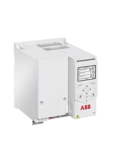Weißer Frequenzumrichter von ABB mit digitalem Display und Bedienelementen an der Vorderseite, zur Steuerung von Elektromotoren.