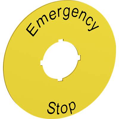 Gelbes Schild mit der Aufschrift 'Emergency Stop'. Kreisförmig mit einem leeren Kreis in der Mitte, symbolisiert einen Not-Aus-Schalter.