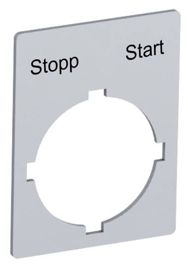 'Stopp' und 'Start' Schalterplatte mit zwei Schaltpositionen, quadratische Aussparung in der Mitte.