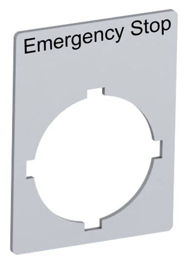 Graue Tafel mit Ausschnitt für Notschalter, darauf Aufschrift 'Emergency Stop'. Wird zur Montage von Not-Aus-Schaltungen verwendet.