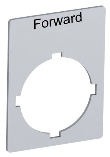 Ein rechteckiges Schild mit einer zentralen, runden Aussparung und quadratischen Einkerbungen. Oben steht das Wort 'Forward'.