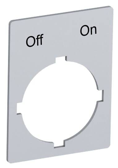 Graue Schalttafel mit Aufschrift 'Off' und 'On'. Oben sind die Begriffe 'Off' links und 'On' rechts angeordnet.