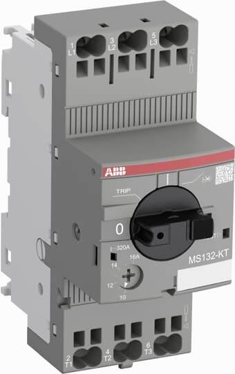 Ein dreiphasiger Motorschutzschalter der Marke ABB, Modell MS132-KT, mit Bedienknopf und Anschlüssen für Schaltkreise.