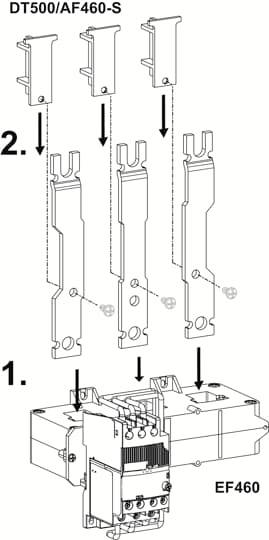 Diagramm zur Montage eines Gerätes EF460 mit Teilen DT500/AF460-S, zeigt Bauteile und Montageschritte.