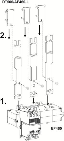 Elektrische Schaltplan-Diagramm zeigt die Montage eines EF460 Schalters mit den Teilen DT500/AF460-L. Pfeile zeigen den Zusammenbau.